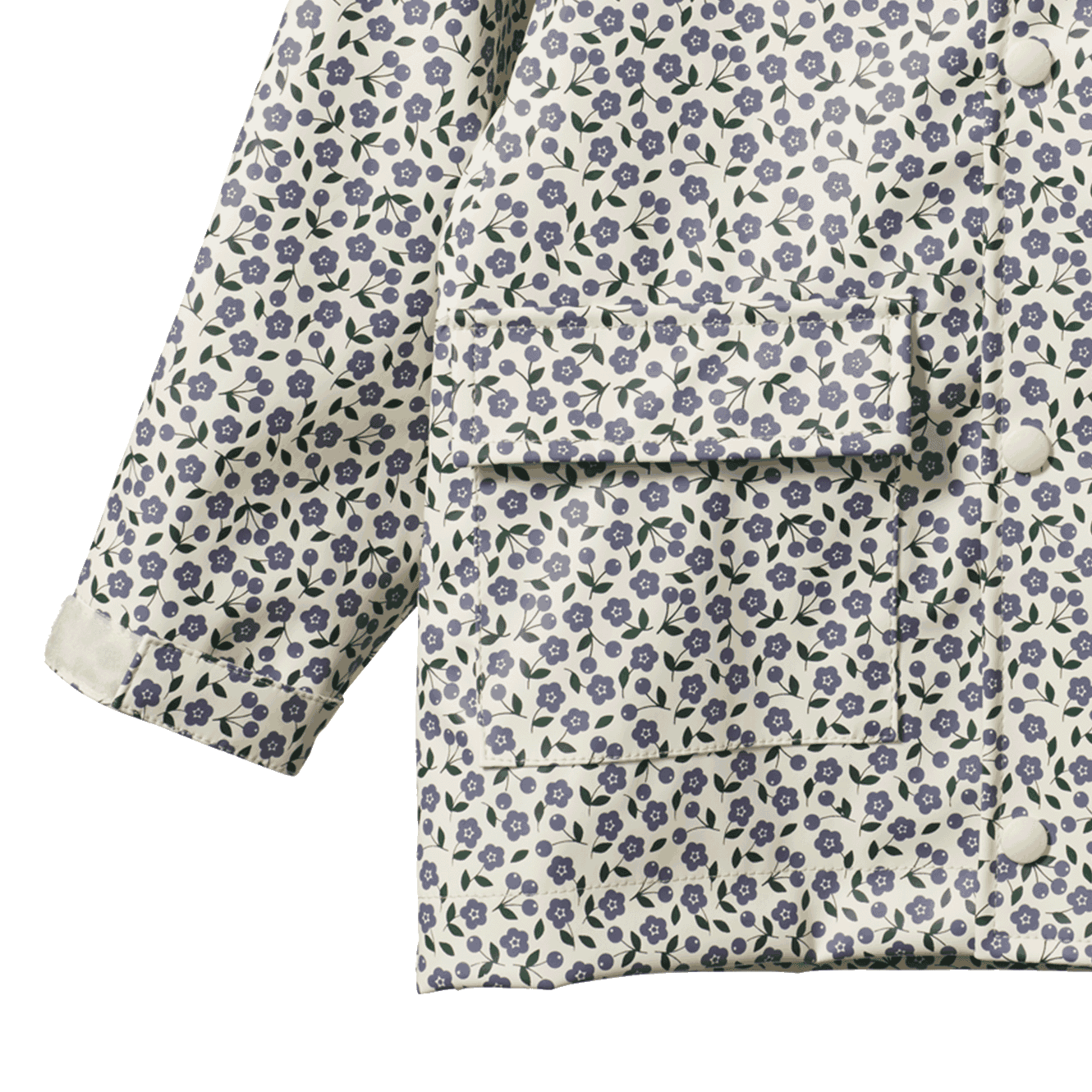 Close up of bottom of Raincoat Briarwood Heron Print | Nature Baby