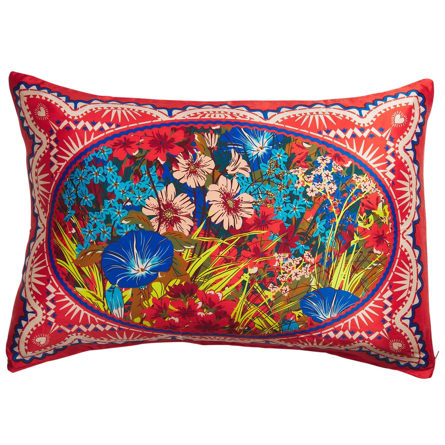Red silk pillowcase with colourful floral bouquet oval medallion and decorative border, product shot on white