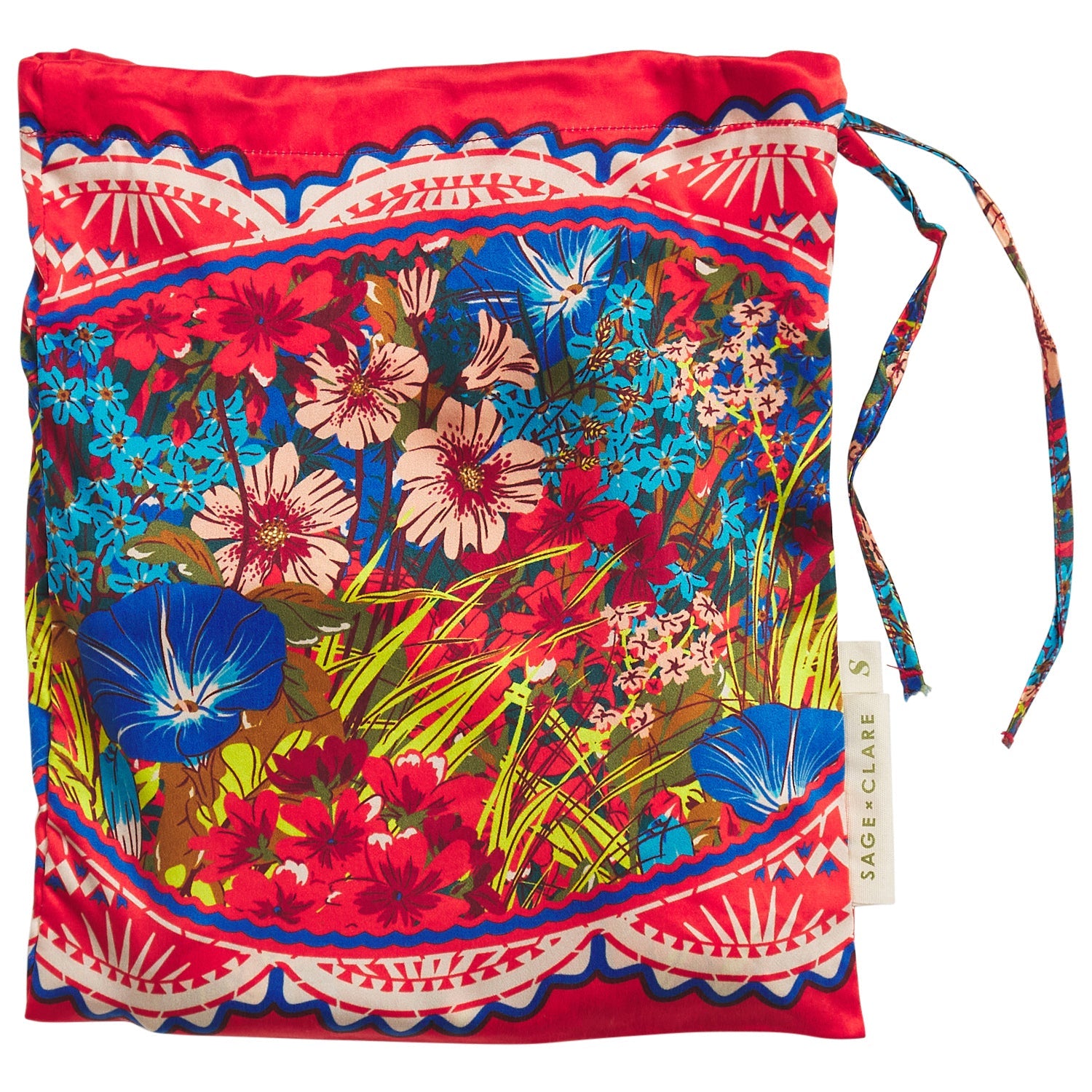 Red floral silk pillowcase shown in its matching drawstring storage bag with branded label