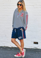 model wearing Retro Stripe Collard Zip Sweat - Navy/White by Hammill & Co