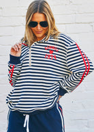Model wearing Retro Stripe Collard Zip Sweat - Navy/White by Hammill & Co