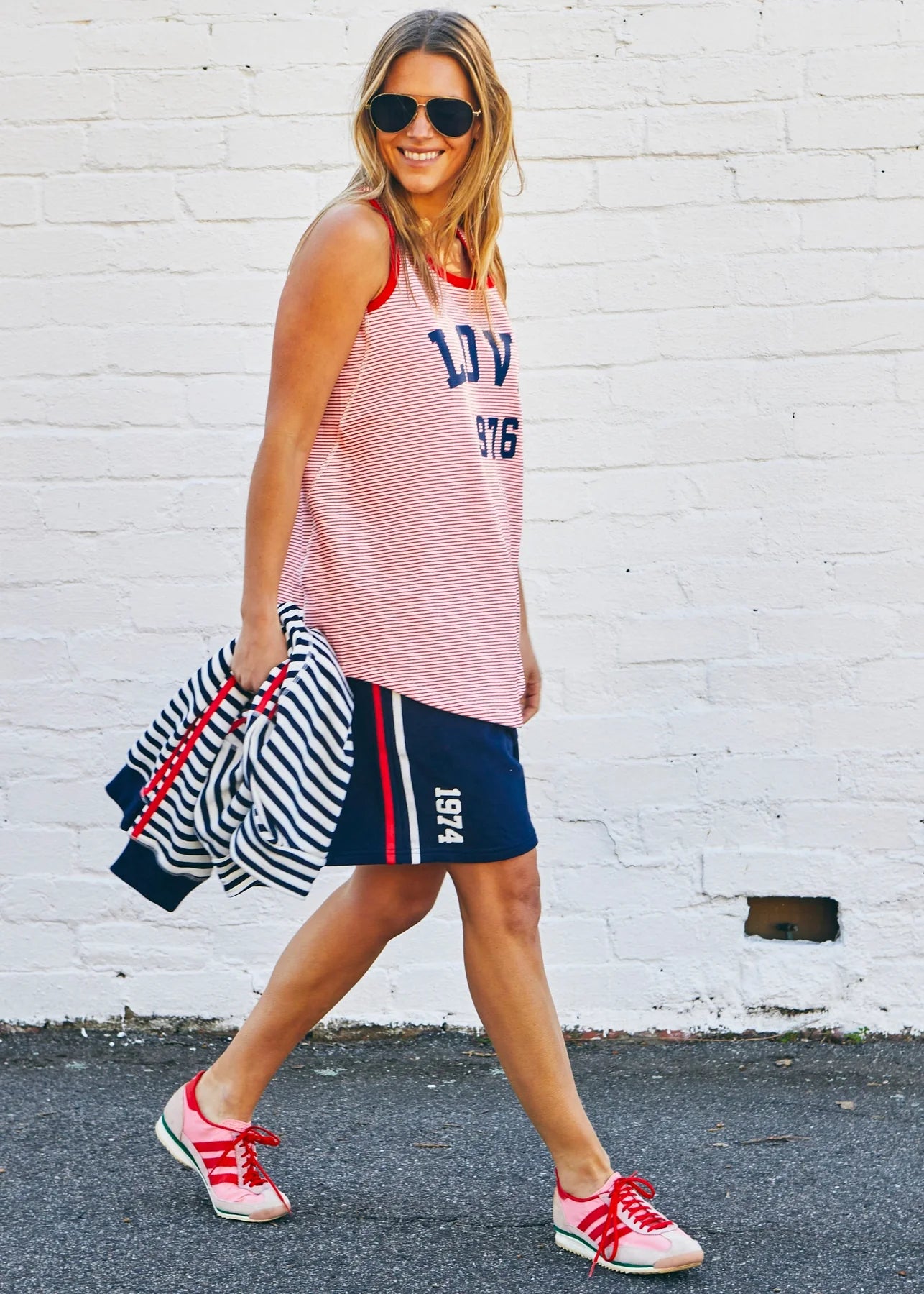 Model wearing Retro Stripe Tank Red/White by Hammill & Co