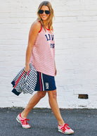 Model wearing Retro Stripe Tank Red/White by Hammill & Co