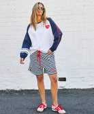 model wearing Retro Heart Long Sleeve Tee Navy White by Hammill & Co