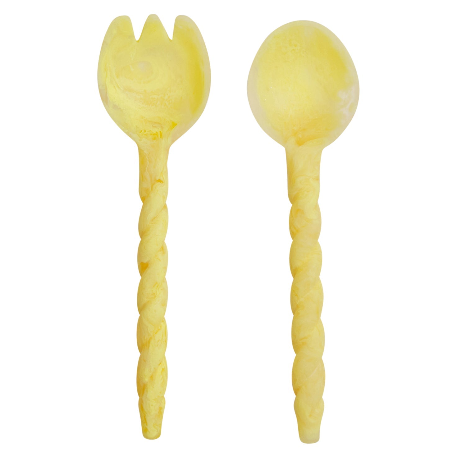 Aspen Gold rose salad servers with marbled twisted handles, spoon and fork set on white background