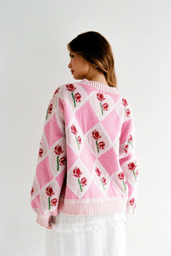 back details of model wearing Rosie Cardigan by JUNI