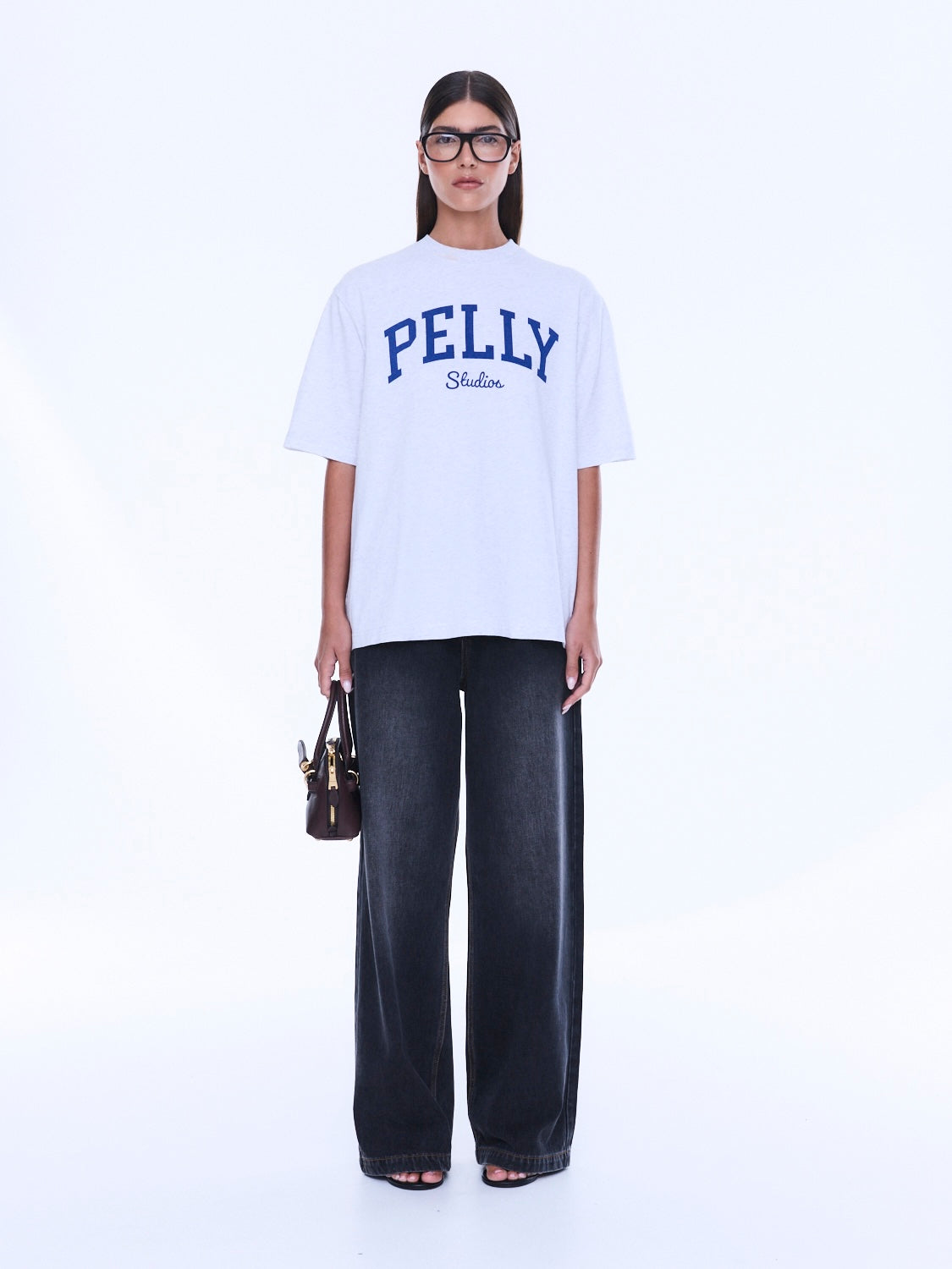 Full front view of Sophia Relaxed Tee showcasing oversized fit with PELLY Studios graphic print and crew neckline