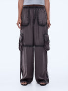 Tencel rayon blend fabric texture close up of vintage charcoal utility pants