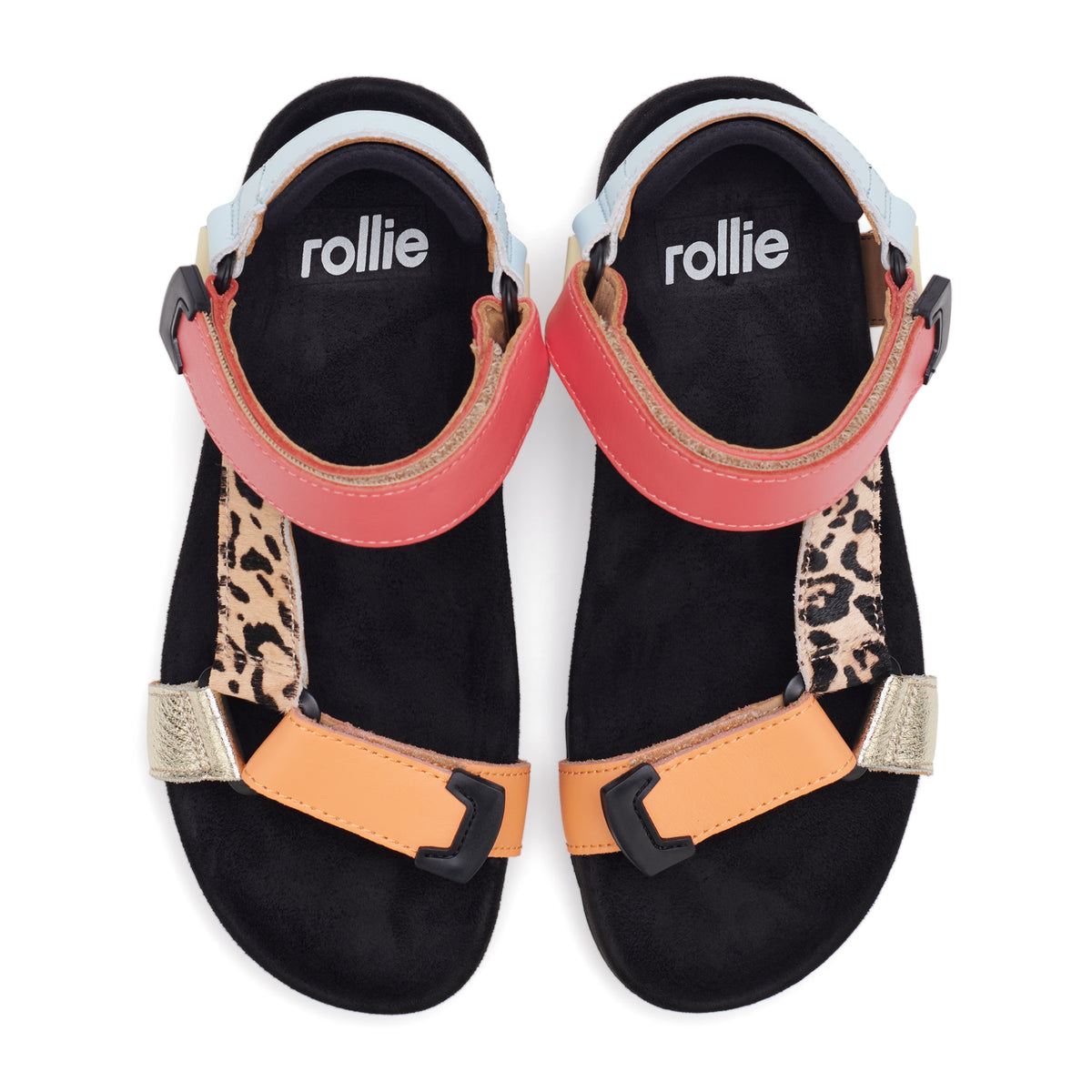 Sandal Tooth Wedge Multi Leopard by Rollie with red, orange, blue and leopard print leather straps