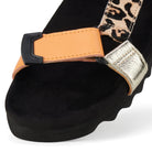 Close up details of womens leather Sandal Tooth Wedge Multi Leopard by Rollie