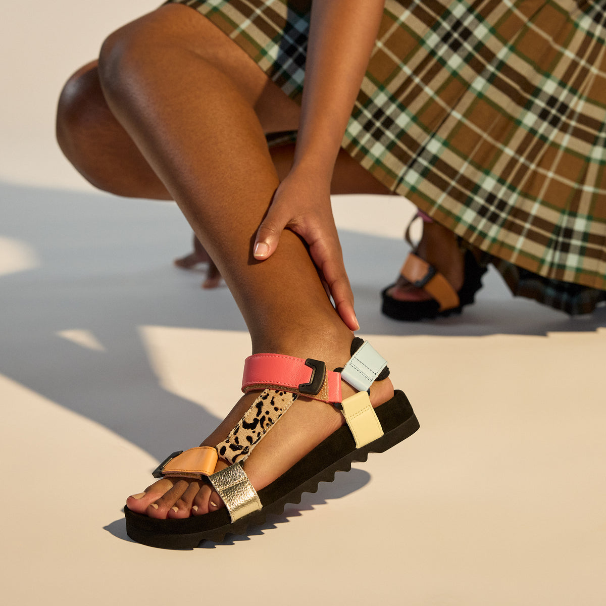 model wearing Sandal Tooth Wedge Multi Leopard by Rollie