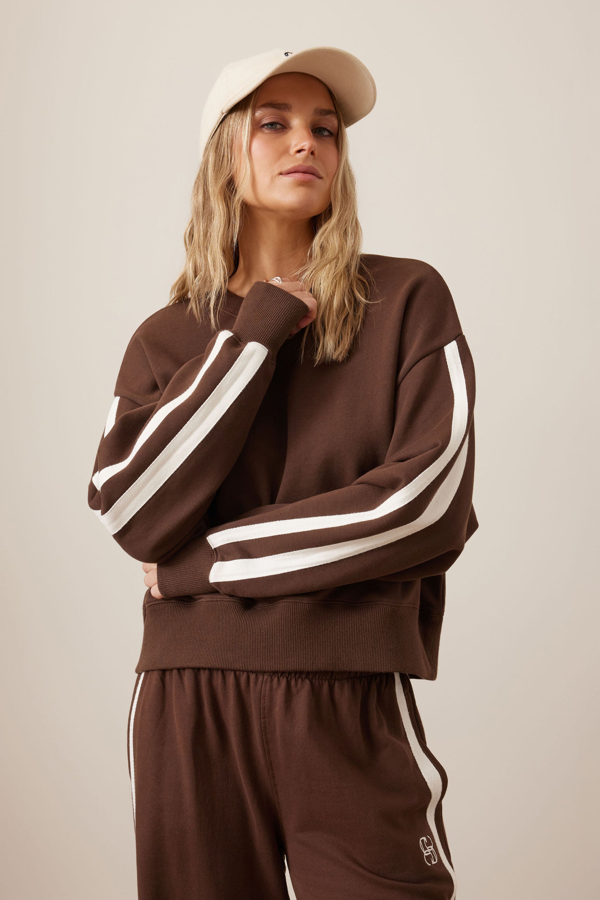 Sasha Sporty Slouchy Crew - Chocolate Side Stripe by Ceres Life