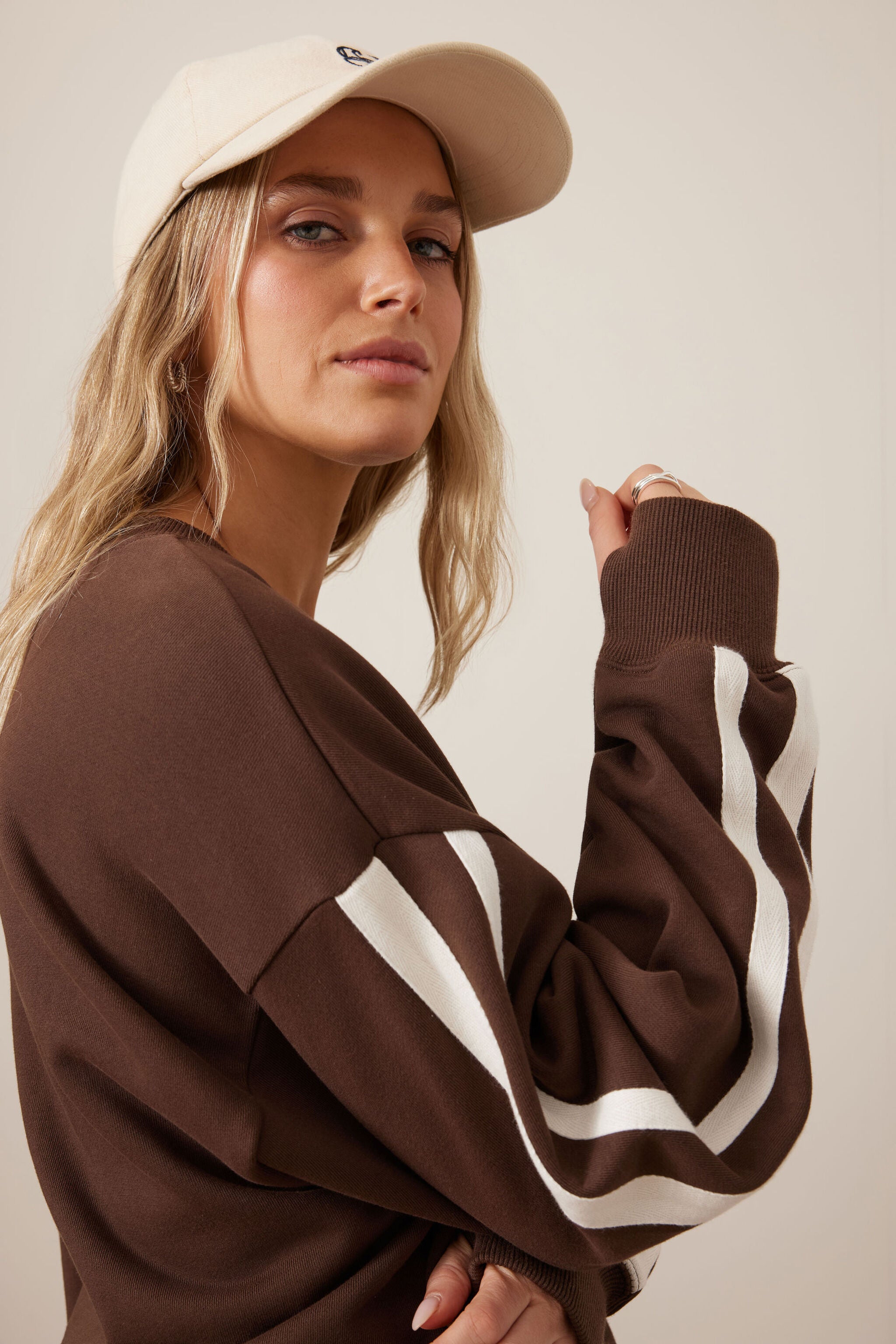 Sasha Sporty Slouchy Crew - Chocolate Side Stripe by Ceres Life