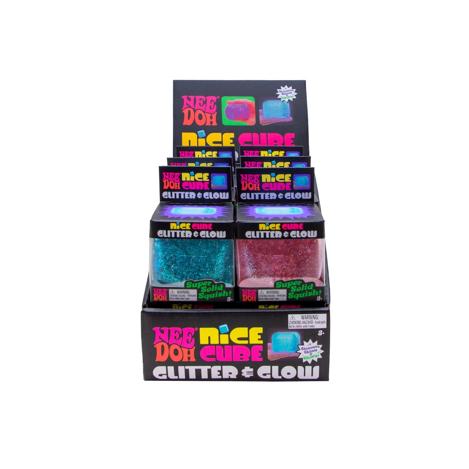 Nee Doh Nice Cube Glitter Glow display box front view showing multiple squishy stress ball packages
