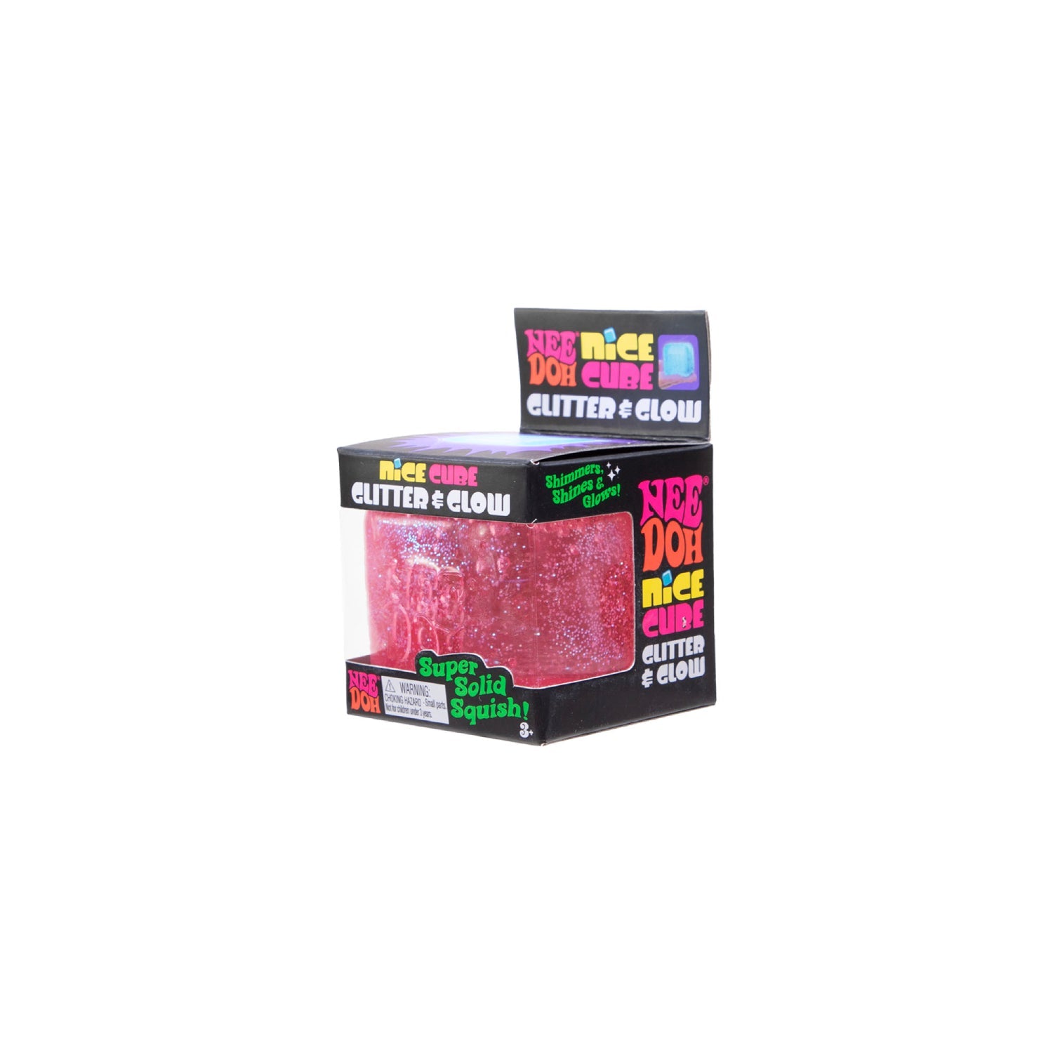 Individual Nee Doh Nice Cube Glitter Glow stress ball in pink with sparkly glitter texture