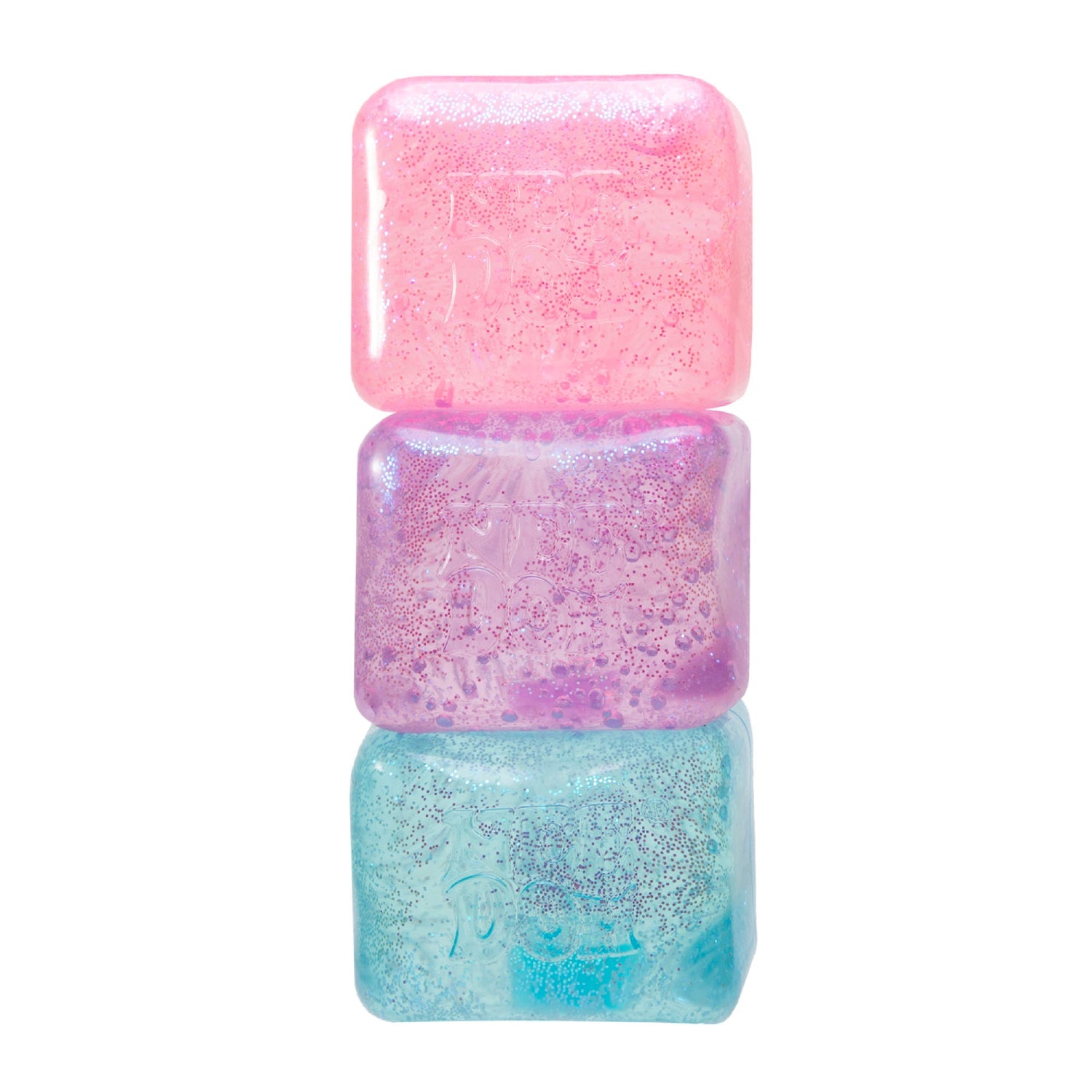Three Nee Doh Nice Cube squishy stress balls stacked showing pink purple and blue glitter varieties