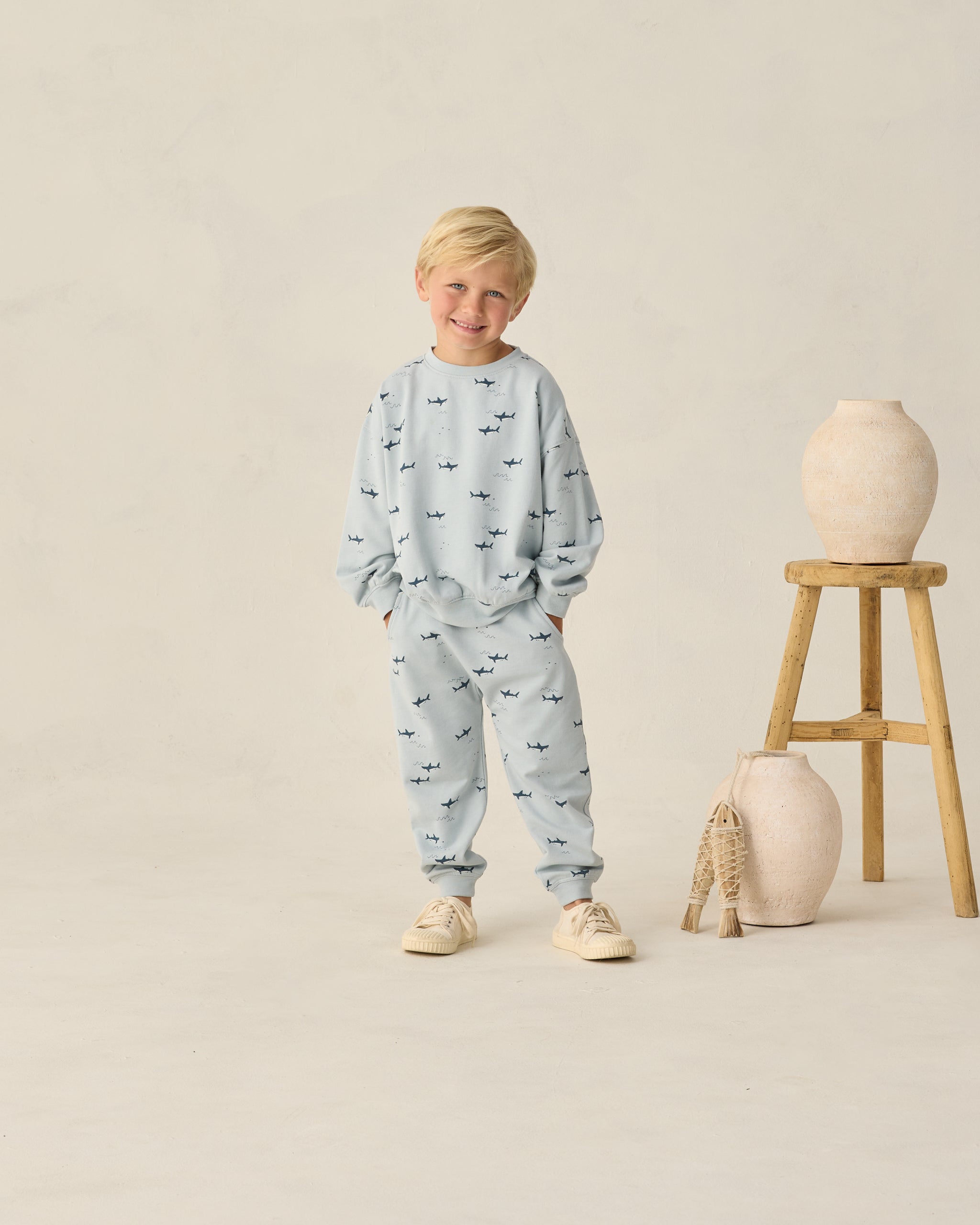 Boy in the matching top with the Sweatpant sharks | Rylee + Cru