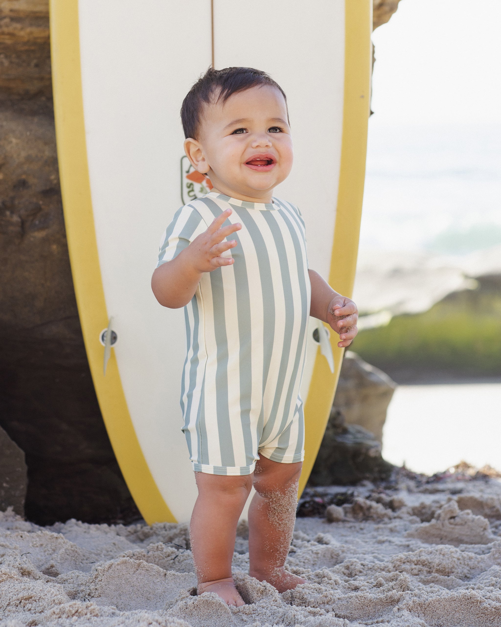 Toddler in the Shorty One-Piece Green Stripe | Rylee + Cru