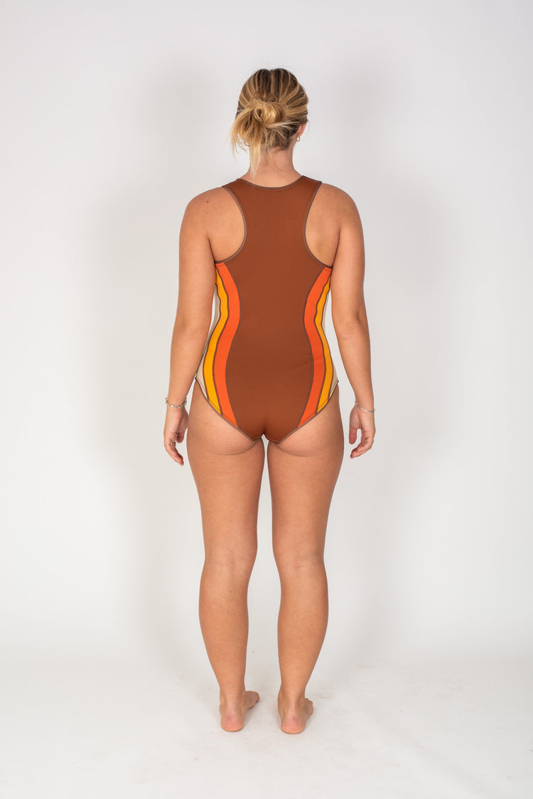 back view of Shoulder Closure Onesie in Sunset by Atmosea