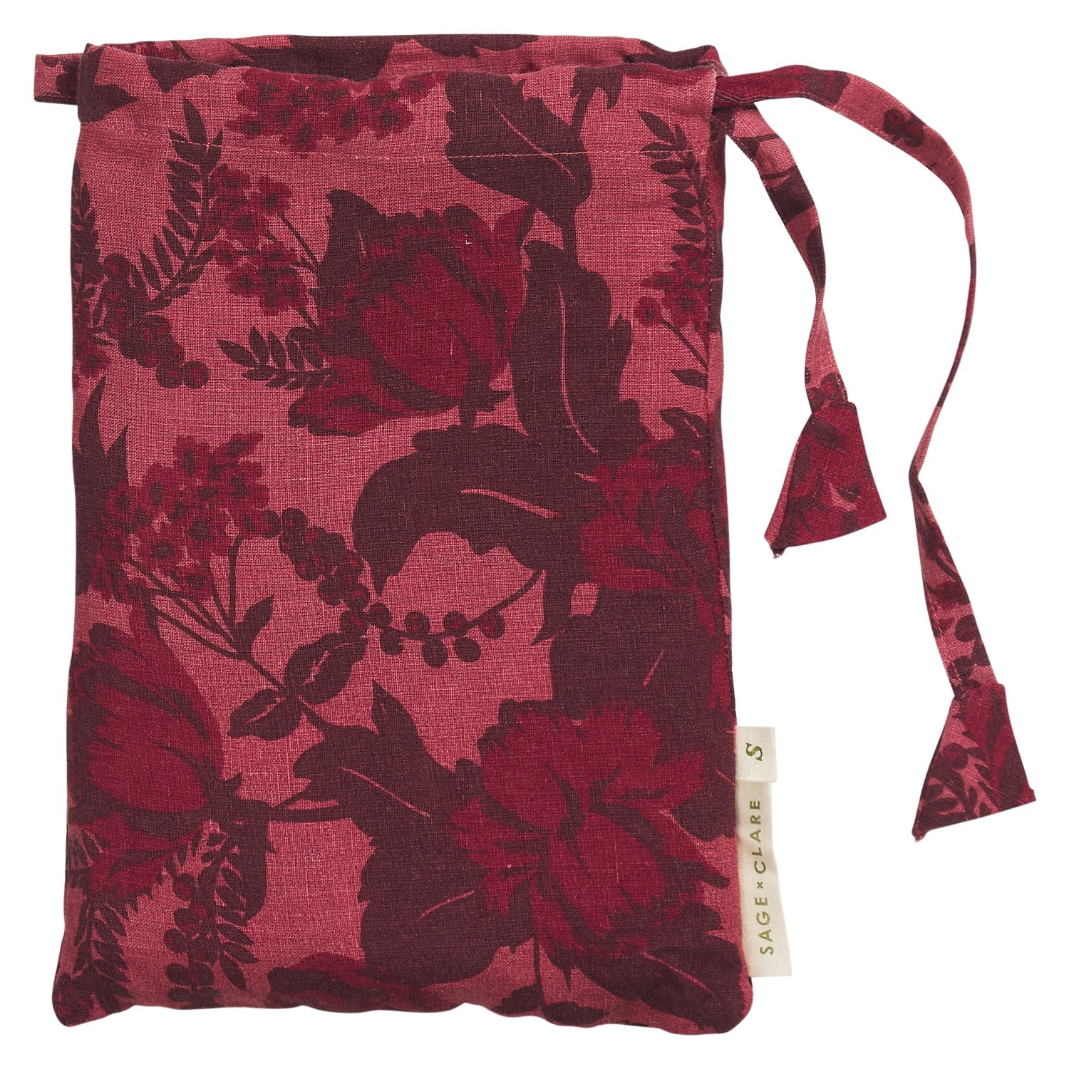Crimson botanical floral linen pillowcase set packaged in a matching drawstring fabric bag
