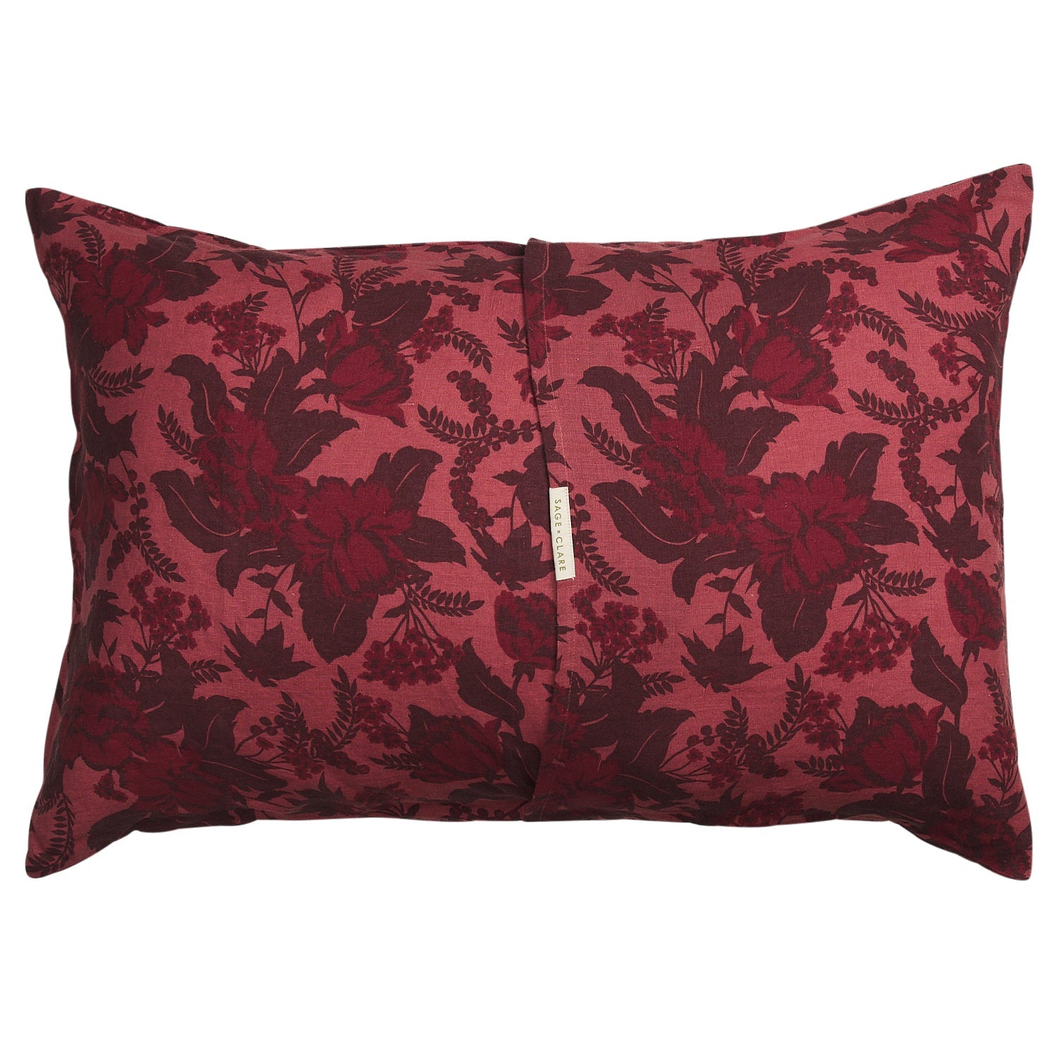 Back view of deep red botanical floral linen pillowcase showing envelope opening, on white background