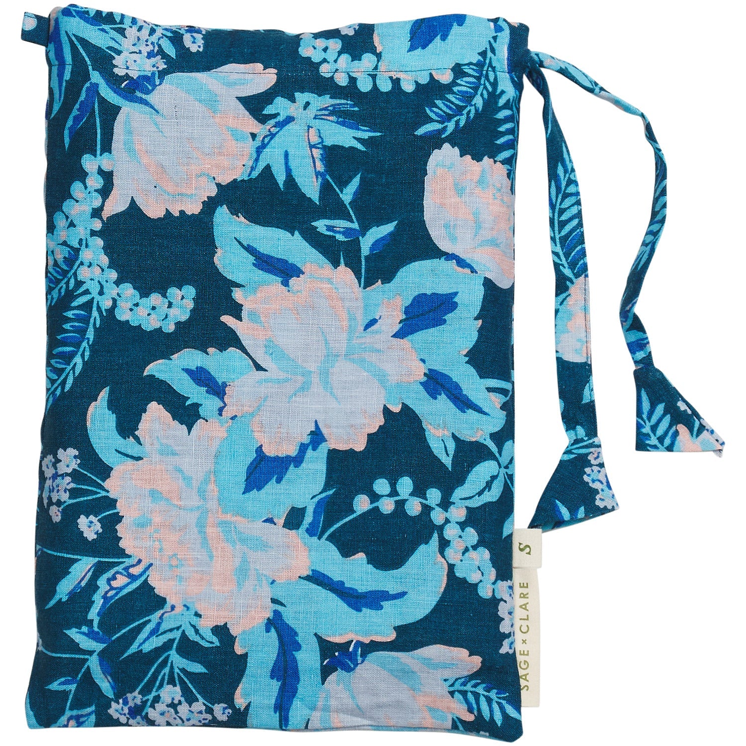 Teal linen storage bag with blue and blush pink floral print and fabric tie closure