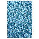 Rectangle teal and blush floral tablecloth with peach scalloped border, full flat-lay