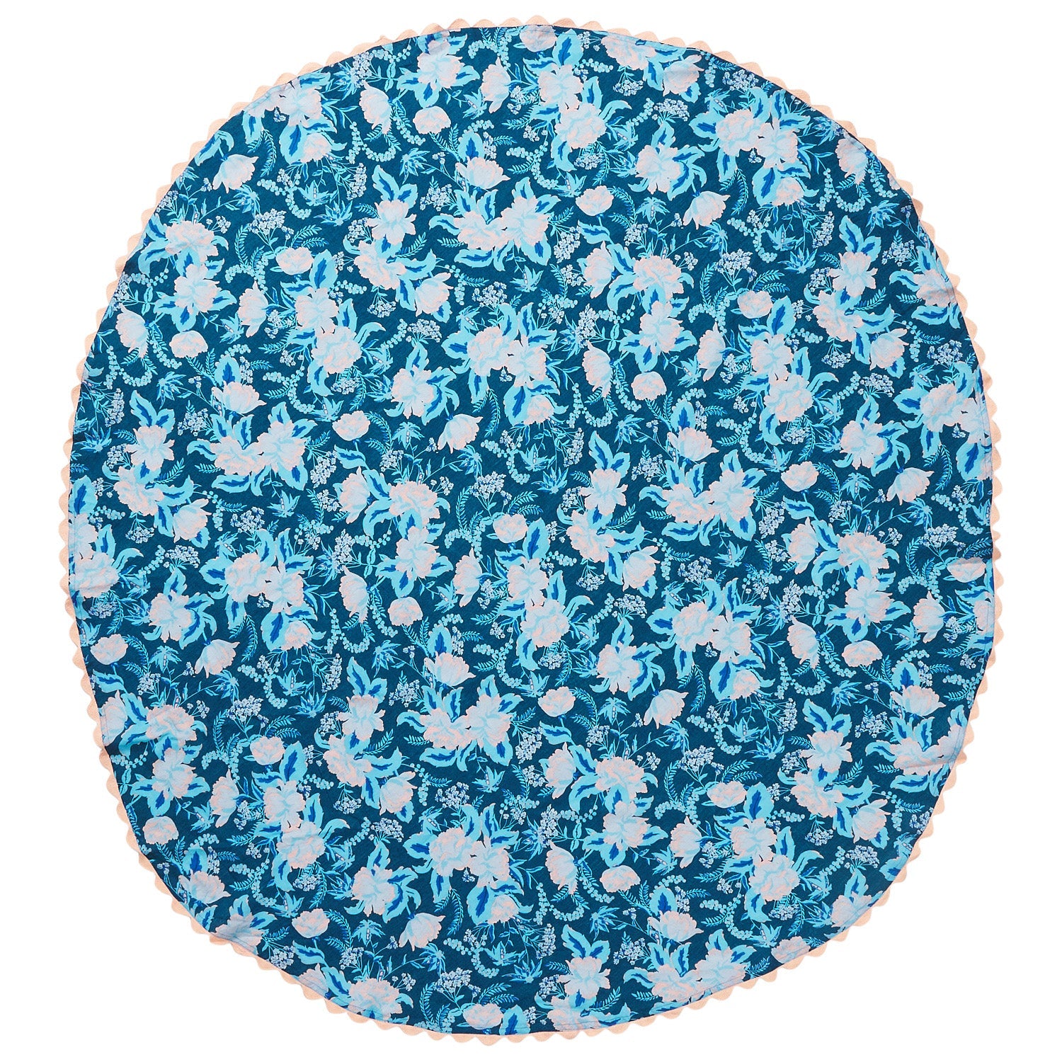 Round teal and blush floral tablecloth with peach scalloped edge, flat-lay view