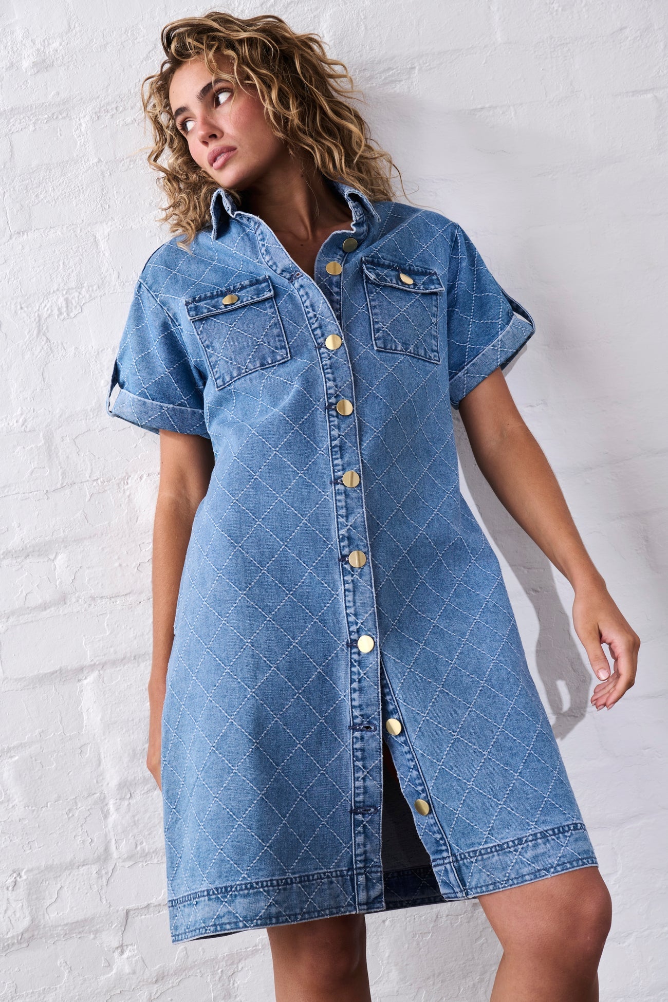 Simone Dress – Check Stitch 70s Blue by Kireina