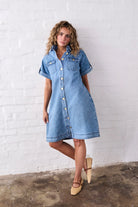 Simone Dress – Check Stitch 70s Blue by Kireina