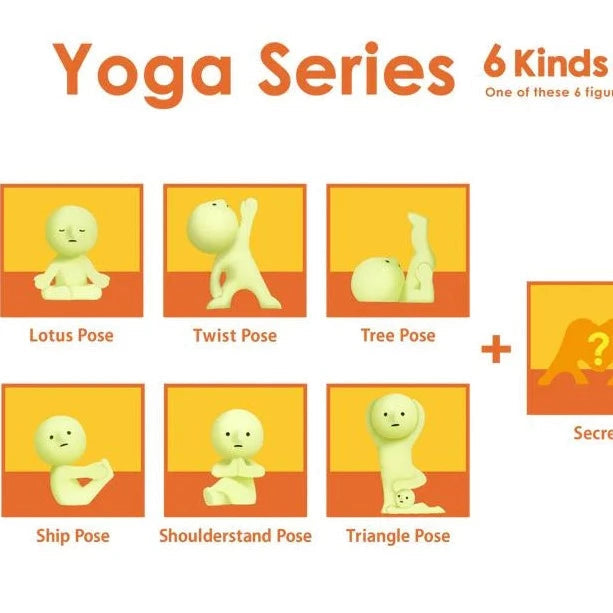 Smiski yoga series poses - lotus pose, twist pose, tree pose,  ship pose, shouldstand pose and triangle pose
