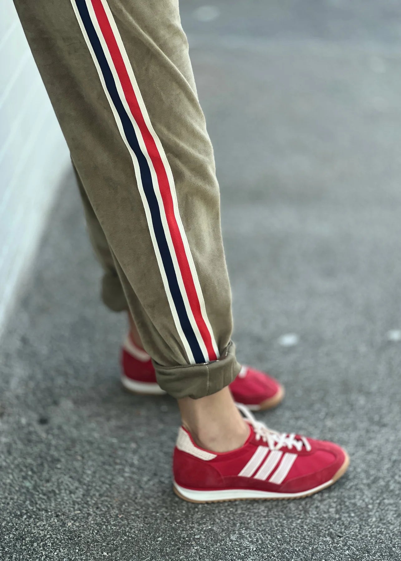 Sporty velour track pant khaki by Hammill & Co side stripe detail - red, white & navy.