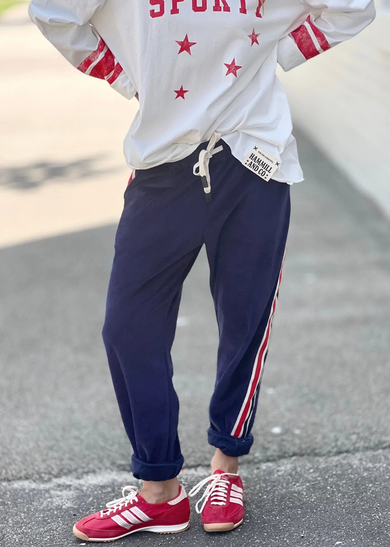 Navy Velvet / Velour Trackpants with red &  white stripe