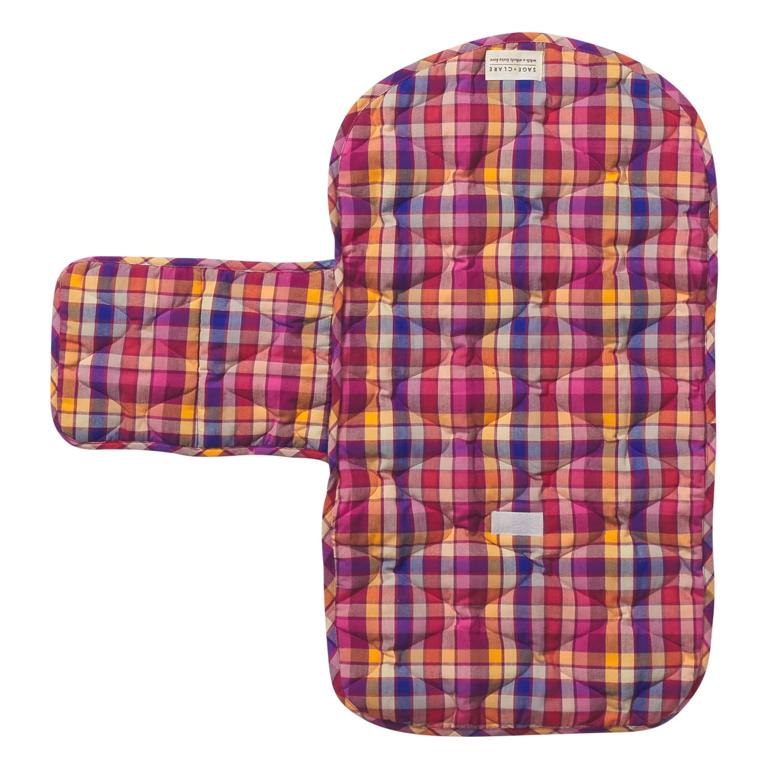 Back view of Stela Change Mat showing vibrant multicolor plaid pattern with quilted construction