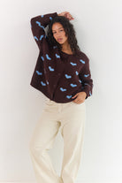 Brown Button up cardigan with blue hearts relaxed fit knitwear online by Juni