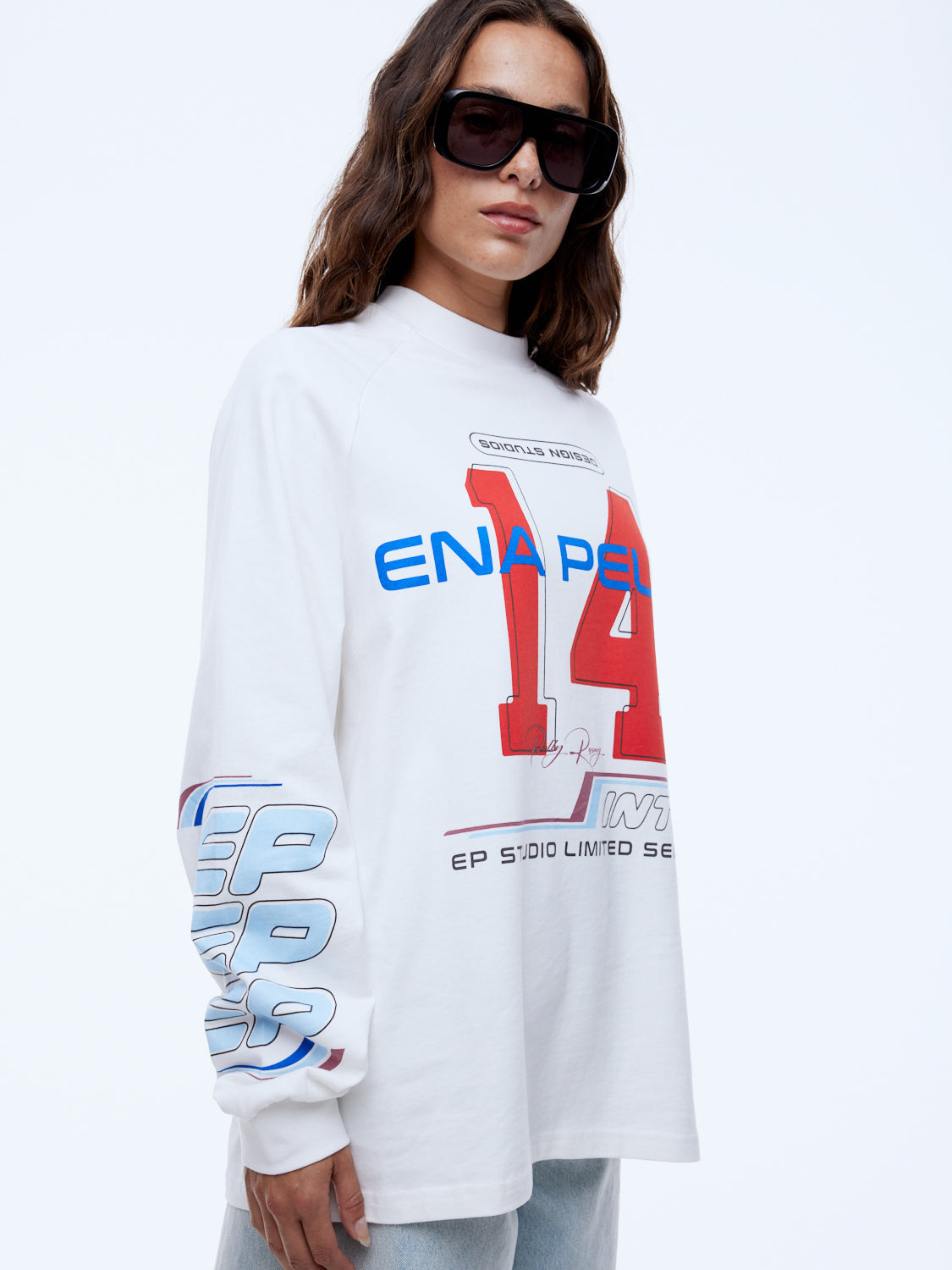 Woman wearing Ena Pelly Team Pelly oversized long sleeve tee lifestyle street style outfit inspiration
