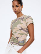 Ena Pelly Tessa fitted crop tee in vintage desert camo print with cap sleeves