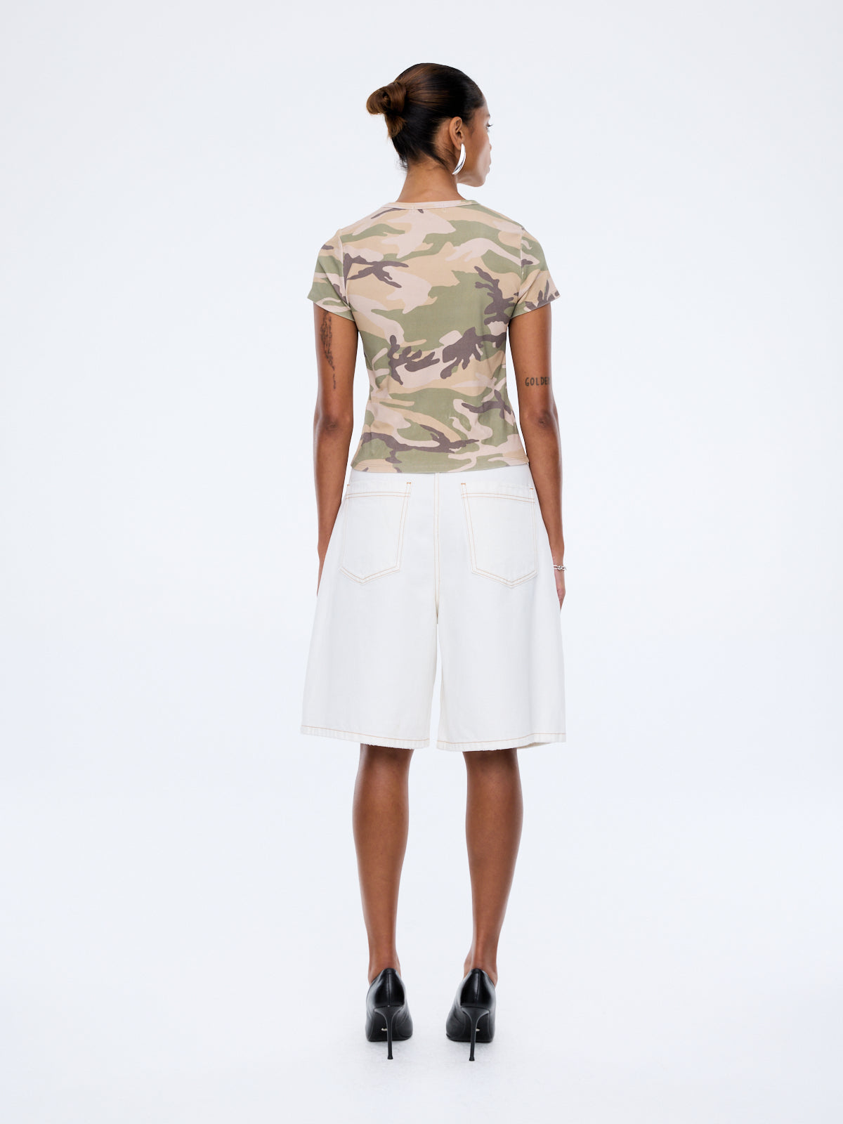 womens shirt with desert camouflage pattern and Ena Pelly branded badge detail on baby tee