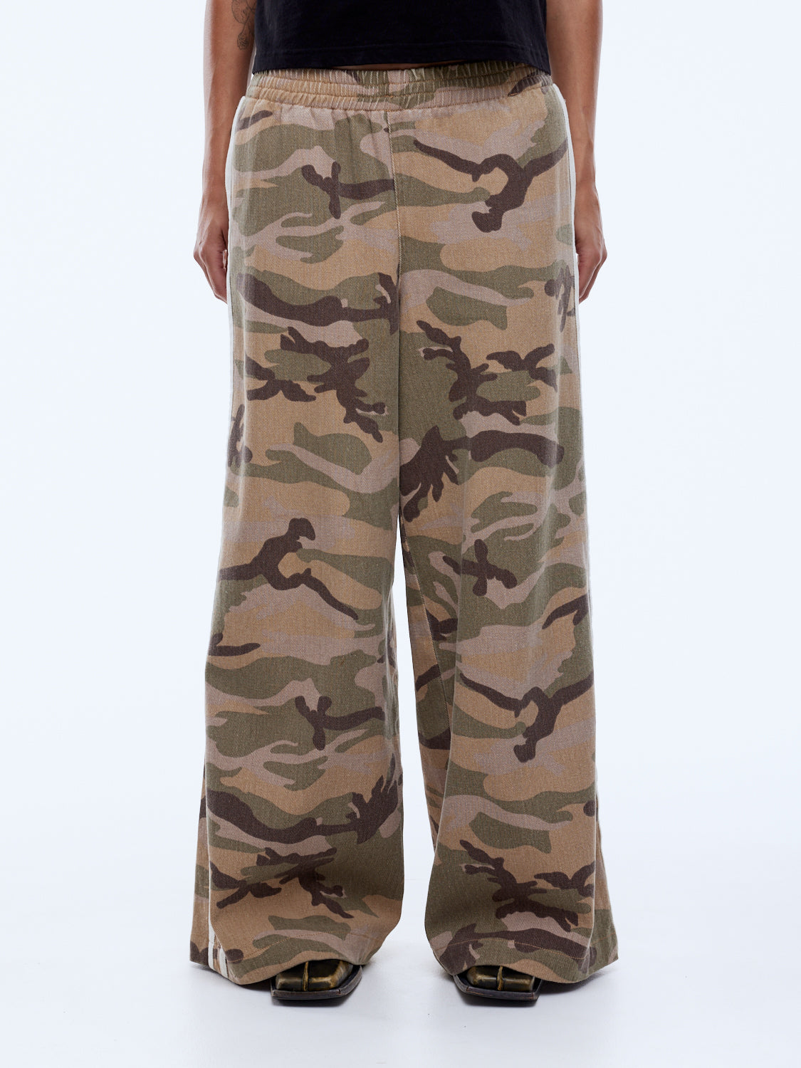 model wearing Tessa Wide Leg Pant - Desert Camo by Ena Pelly