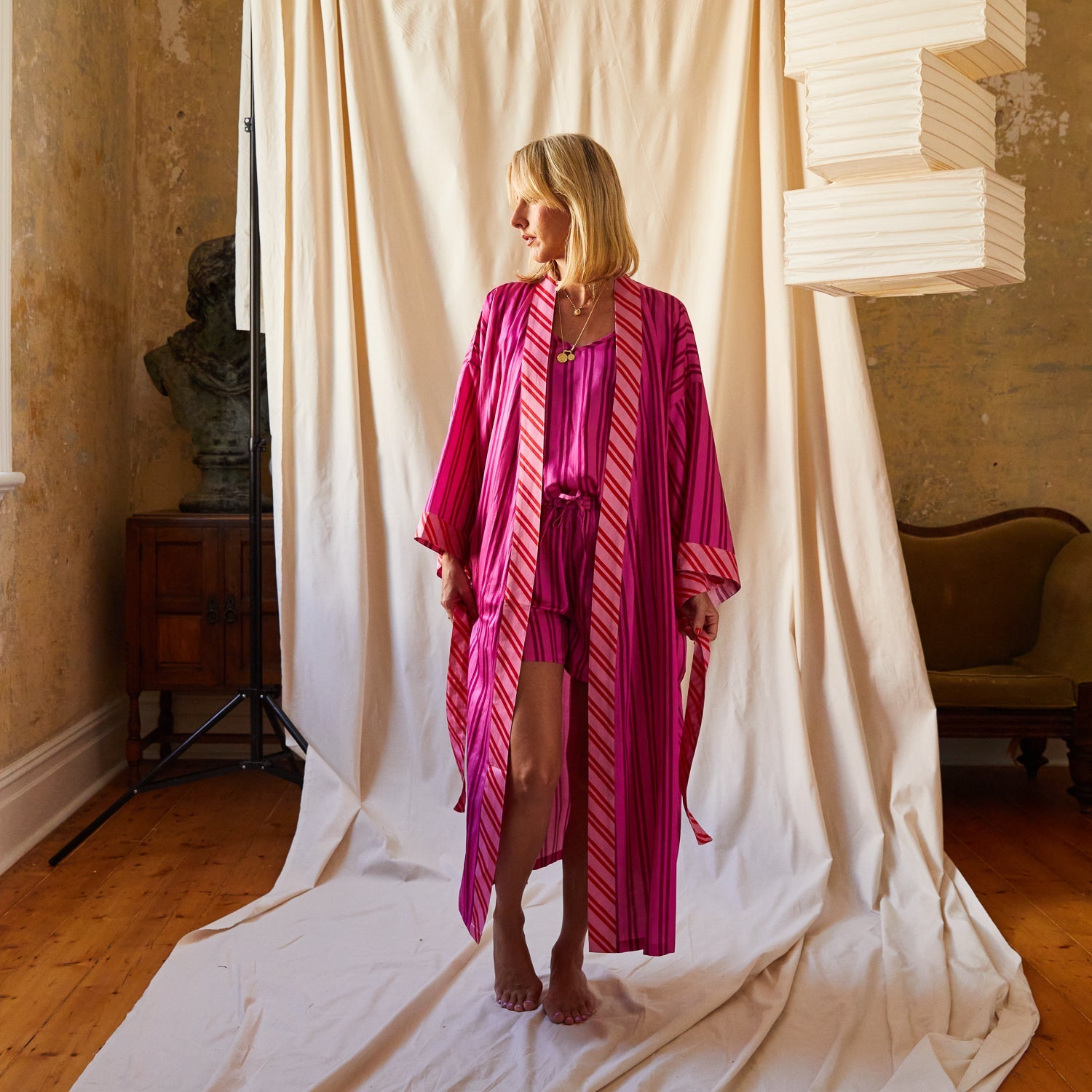 Woman wearing Taylor Robe cotton silk blend