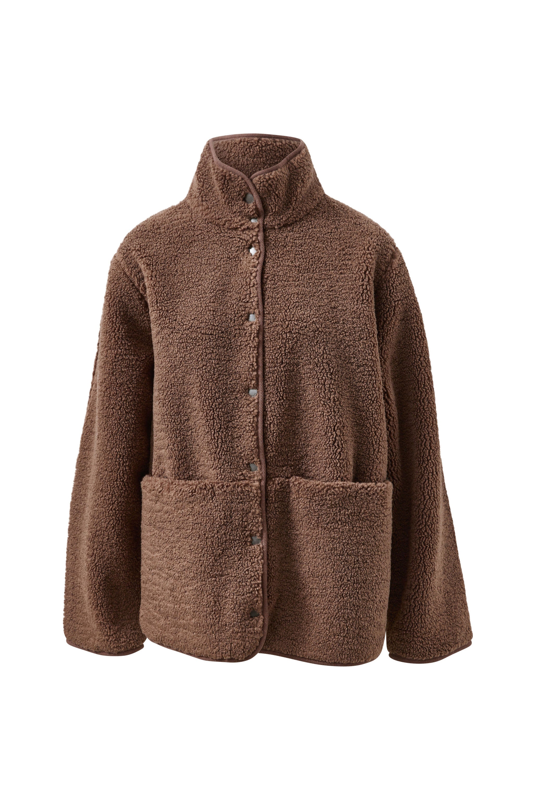 Flat lay of chocolate brown teddy jacket showing fuzzy sherpa texture and snap button front closure