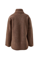 Back view of chocolate brown teddy jacket displaying oversized fit and soft sherpa fleece texture