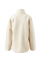 Back view of marshmallow teddy jacket displaying high collar and oversized silhouette
