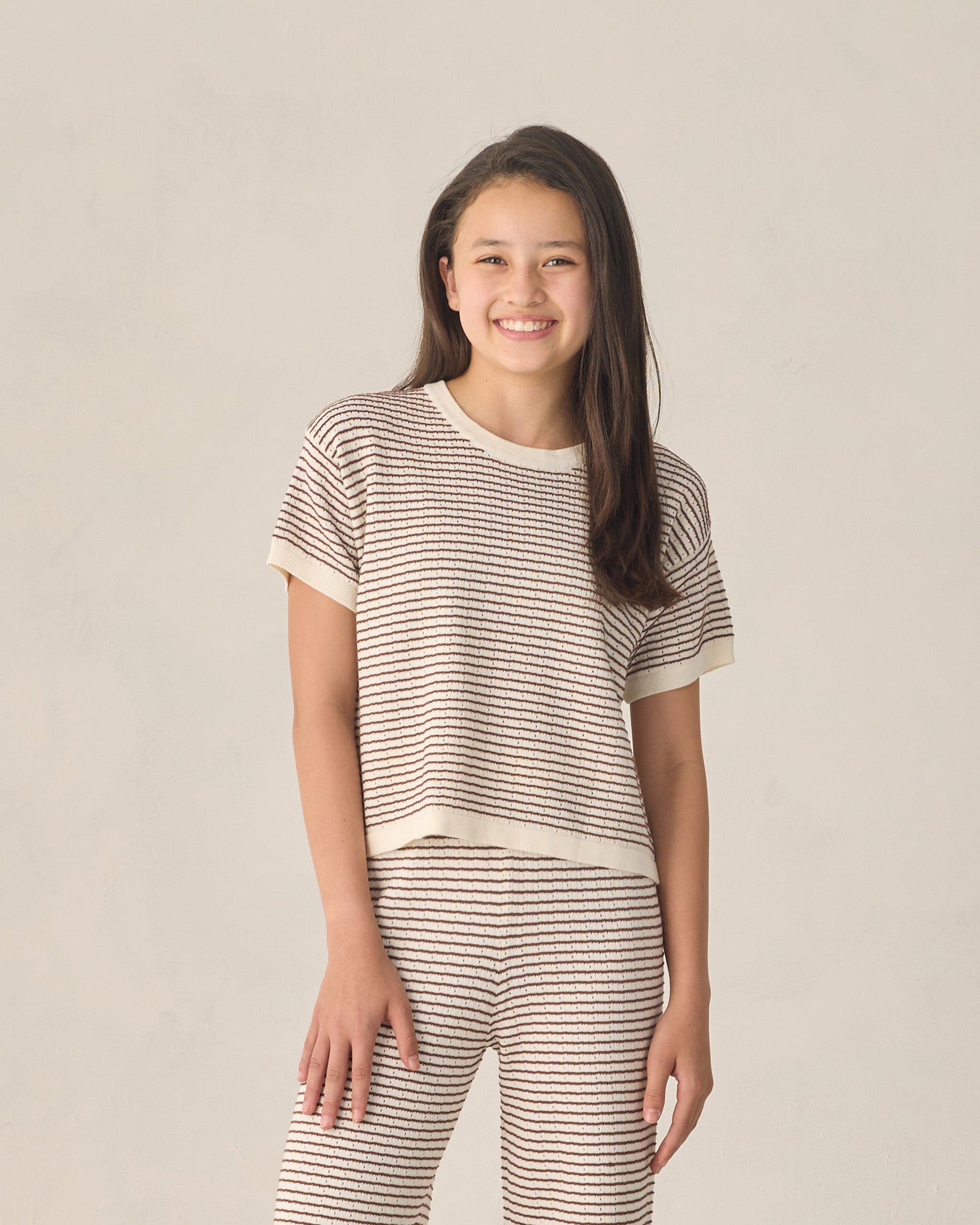 The Teen Boxy Crop Knit Tee in Chocolate Stripe by Rylee and Cru 