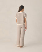 back view of teen wearing The Teen Boxy Crop Knit Tee in Chocolate Stripe by Rylee and Cru 