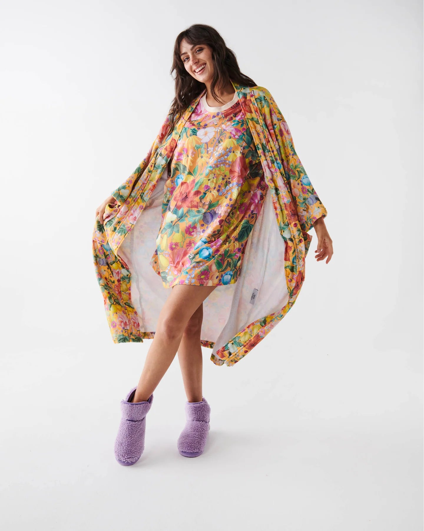 Abundance Marigold Printed Terry Bath Robe by Kip & Co with floral print in yellow and bright colours