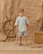 Boy wearing the Terry Relaxed Tee Seafoam Stripe | Rylee + Cru