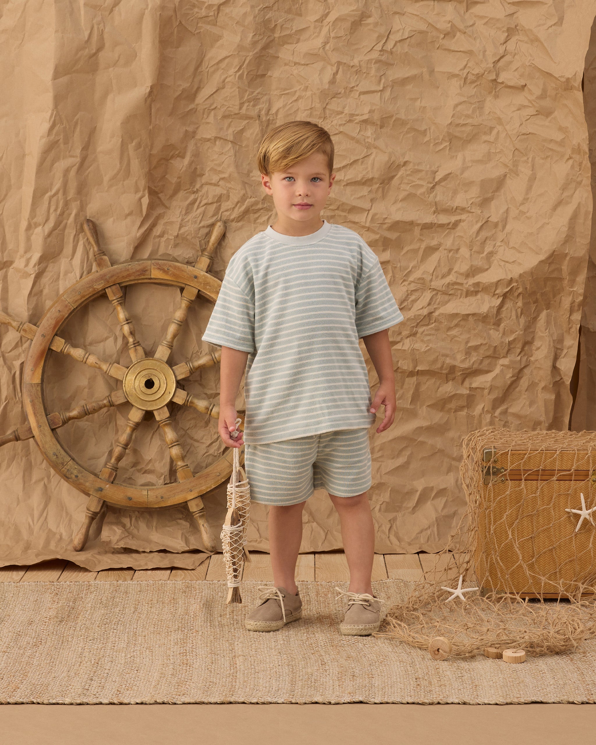 Boy wearing the Terry Relaxed Tee Seafoam Stripe | Rylee + Cru