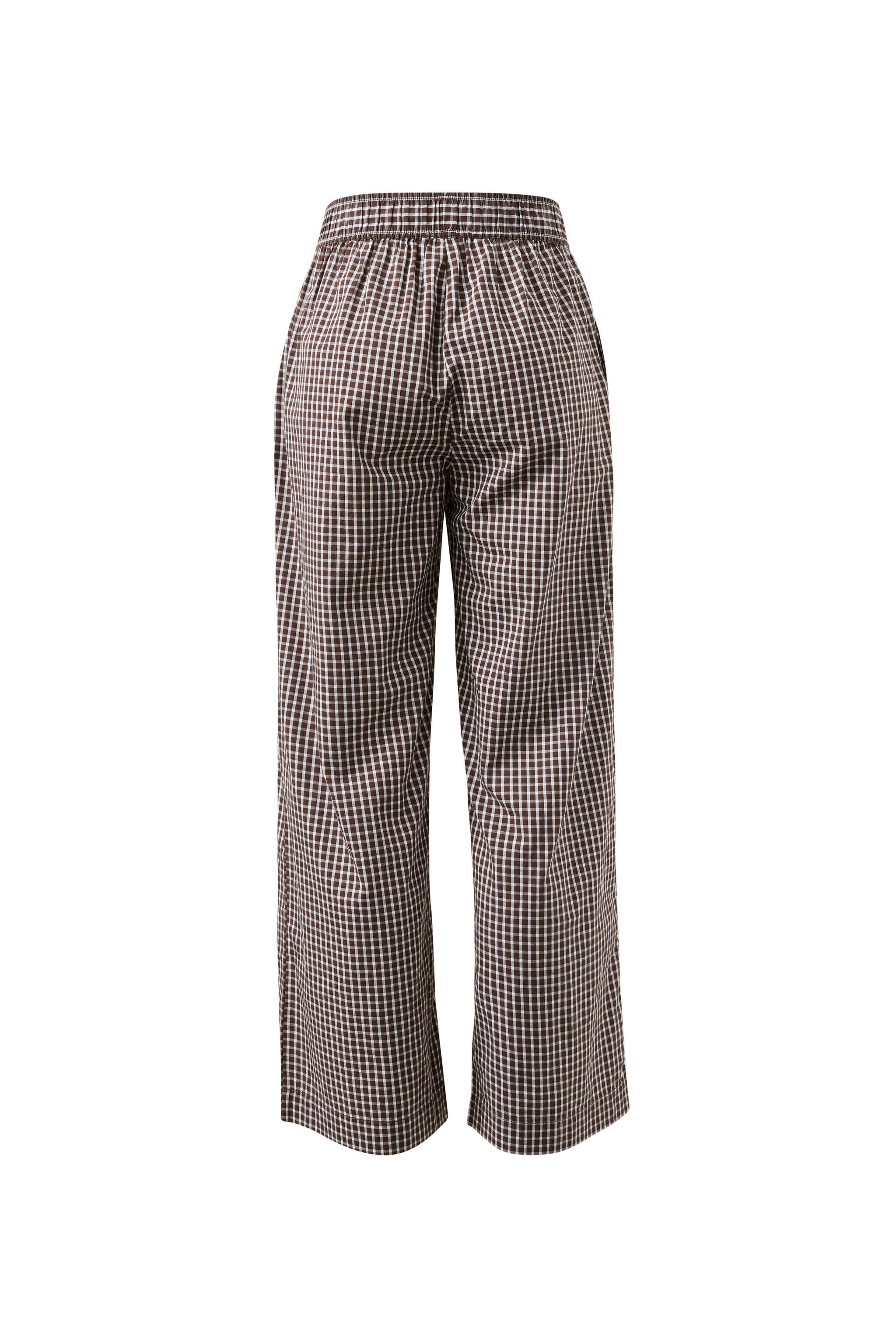 Back view flat lay of chocolate check lounge pants displaying gingham pattern and wide leg silhouette
