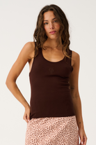 Front view of Thea Knit Tank in truffle brown with scoop neckline and embroidered logo detail